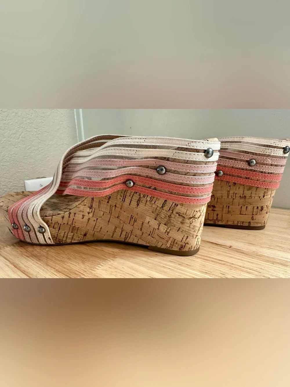 Striped Coral & Cream Cork Wedge Sandals